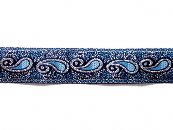 Besatzband in jeansblau mit Ornament und Silberglitter
