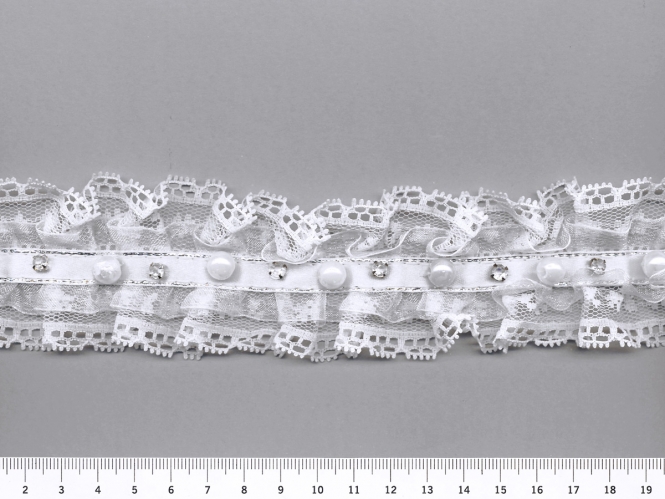 Rüschen-Tüllspitze bestickt G1481 in weiß mit Perlen und Strasssteinen