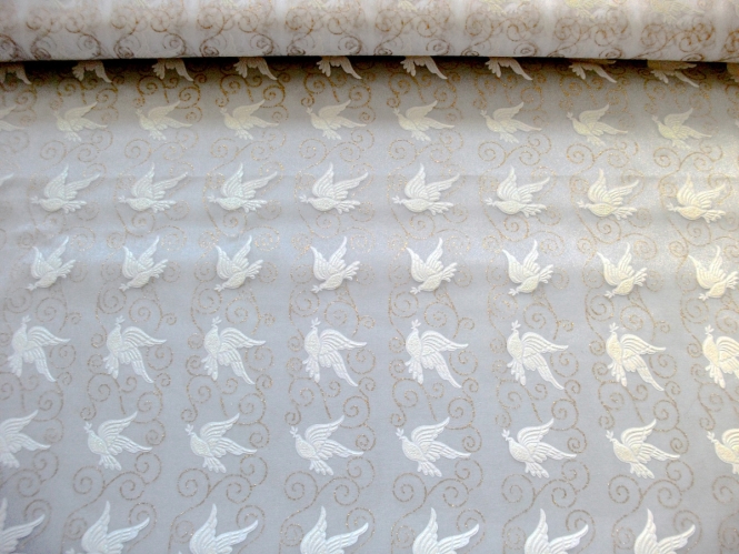 Weihnachtsorganza L8113-212 weiß mit Tauben beflockt und Goldglitter